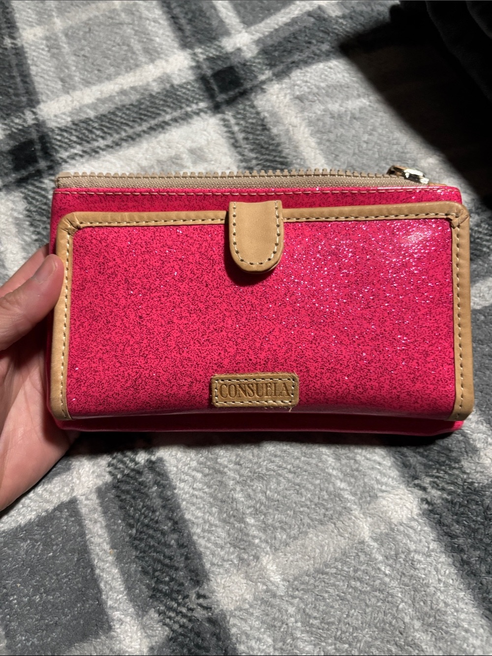 Consuela Hot Pink Glitter Wallet with Tan Trim brand new without tags